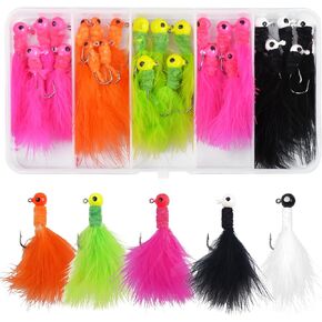 Marabou Jigs Fishing Lure,25pcs Hair Feather Jig Heads Hooks 1/32oz 1/16oz 1/8oz for Panfish Sunfish Bluegill Trout Walleye Bass Jigs