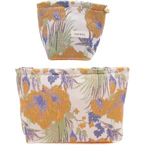 2 Pcs Makeup Bags, Large Cosmetic Bag Travel Toiletry Bag Organizer for Women, Embroidery Craft, Floral Makeup Bag Small Cosmetic Pouch Purse with Zipper Gifts for Girls Teen