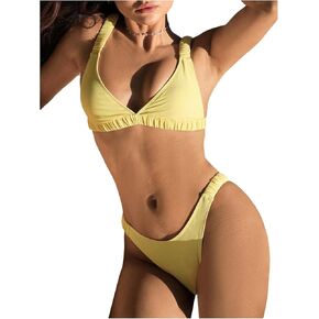 Makemechic Women's 2 قطعة بيكيني مجموعة v الرقبة Ruched عالية قطع بدلة السباحة الصيفية