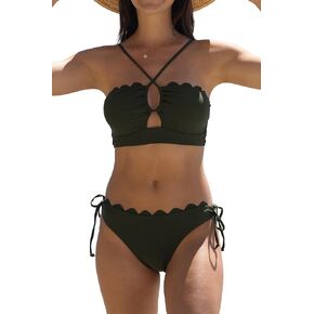 Beachsissi Women Cute Scalloped Hem Cutout Bikini Set Two Piece Bathing Suit Solid Color