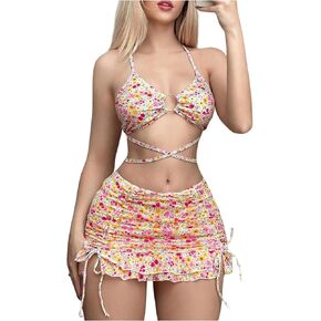 Verdusa Women's 3 Piece Swimsuits Floral Criss Cross Halter Thong Bikini Sets Bathing Suit with Cover Up Ruffle Skirts