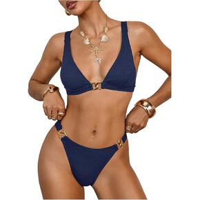 Gorglitter Women's Triangel Metal Swimsuits Cheeky عالية الخصر ثونغ بيكيني مجموعات لطيفة لذلة دبابة للسباح