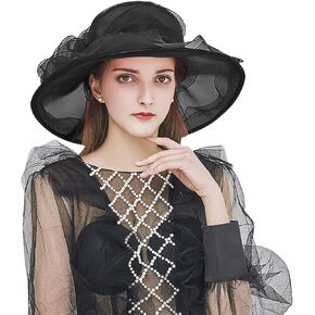 Women Organza Hat Church Cap Cocktail Tea Party Wedding Flower Hat Summer Wide Brim Sun Hat