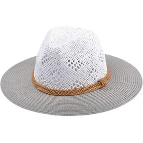 Jen & Co. Blanche Fedora -tipe -tine - Braided Band - Paper Straw Facation Sun Hat ، White/Gray