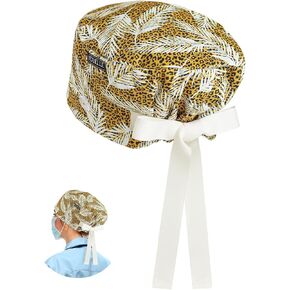 Leopard Printed Euro Style Scrub Caps for Women and Men with Buttons, Adjustable Medical Hat, Static-Resistant Surgical Caps with Sweatband for Long Hours