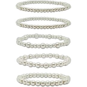 5 Pcs Premium Pearl Bracelets for Women, Stretch Adjustable Pearl Bracelets for Women