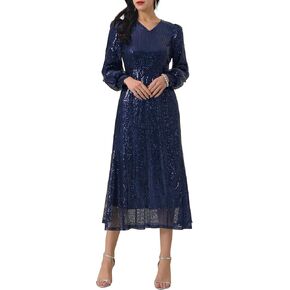 Women's Sequin Sparkly Dresses Long Sleeve V Neck Cocktail Party Midi Dress