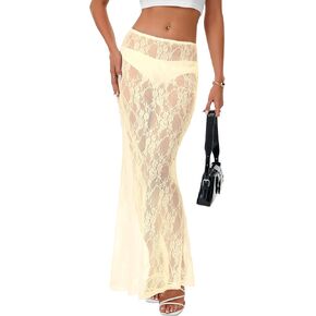 روبوستير الدانتيل للسيدات ، تنورة طويلة طويلة الخصر A-line Summer Sexy Beach Maxi التنانير