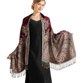 Vimate Rave Pashmina Shawls و Wraps-Soft Burgundy Burgundy Jacquard المساء Paisley Pashmina للنساء الشتاء (Style 2-Burgundy)