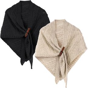 Coume 2 Pcs Women's Shawl Warm Knitted Triangle Shawl Winter Scarf and Wraps Crochet Ponchos for Women Evening Dresses Pashmina for Wedding Bridesmaid Bridal, Beige and Black