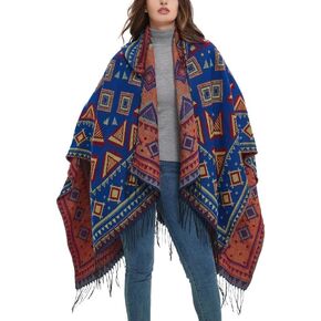 Women's Vintage Pattern Open Front Hooded Poncho Cape Shawl Winter Shawl Wraps
