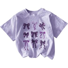 Girl's Bow Graphic Tees Round Neck Short Sleeve T Shirt Summer Cute Tops