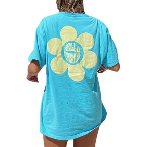 Summer Oversized Flower Graphic Tees Y2k Coastal Beach Palm Surfboard Tops Baggy T-Shirts Teen Girls Preppy Clothes