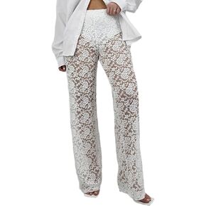 Women Floral Lace Sheer Mesh Pants Sexy Elastic Low Waist See Through Flare Bell Trouser Y2K Wide Leg Club Bottoms