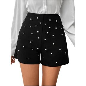 WDIRARA Women's Pearl Beaded High Waisted Shorts Straight Leg Work Office Shorts
