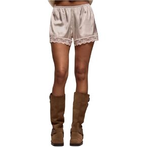 Women's Lace Trim Satin Shorts Shiny Elastic Waist Mini Shorts French Knickers