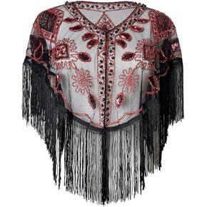 1920s Vintage Lace Sequined Shawl, Women Wraps and Shawls Formal,Black Fringe Trim, Gold Floral Evening Wrap