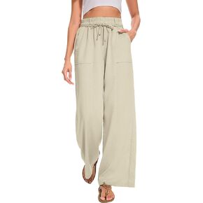 FUNYYZO 2025 Women Summer Pants Drawstring Waist Wide Leg Pants Loose Fit with Pockets Pull On