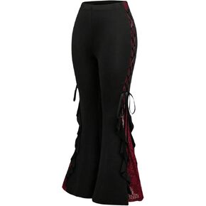 Verdusa Women's Goth Bow Tie Contrast Lace Flare Pants High Rise Ruffle Bell Bottom Pants