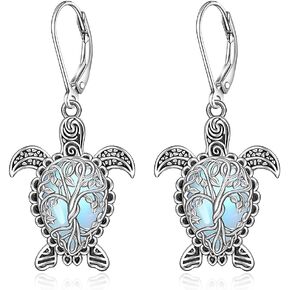Sea Turtle Earrings Tree Of Life Moonstone Turtle Earrings for Women Sterling Silver Black Turtles Moonstone Leverback Dangle Hawaii Jewelry Christmas Gifts