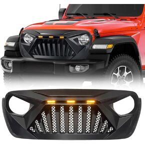 EOMD Front Grill Goliath Grille compatible with 2018-2025 Jeep Wrangler JL & 2020-2025 Gladiator JT, w/Amber LED Lights, ABS (White Black)