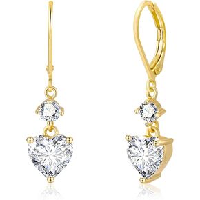 14K Gold 925 Sterling Silver Heart Dangle Earrings for Women, Silver Dangling Drop Halo Hearts Shaped Dangly Earring Cubic Zirconia Leverback Valentine Trendy Earrings