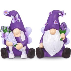 Wesiti 2 Pcs Lavender Gnomes Decor Lavender Gnomes Figurines Decor Resin Gnomes Decorations for Home Spring Purple Table Gnome Ornaments for Home Farmhouse Garden Kitchen Indoor Outdoor Warm Gifts