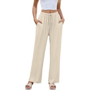 Women High Waist Casual Pants Elastic Wide Leg Summer Beach Palazzo Trousers with Pockets Lightweight Comfy