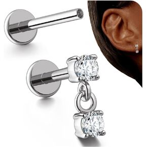 Bodybonita 16g Silver Stud Earrings Flat -Back - G23 Titanium Internal Thread Dangle CZ Actions for Women CZ Percing Jewelry Tragus/Helix/Conch/Medusa/Lip/Labret/Nose 6mm 8mm