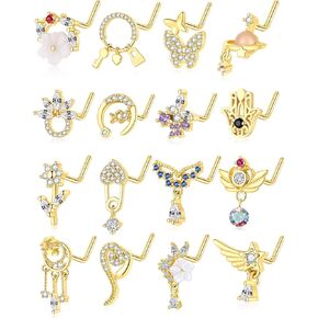 Akeoqi 16pc Dangle Nose Rings & Studs - Stainless Steel L Shape & CZ Butterfly, Flower, Moon, Snake, Heart & Wings Planet Dangling Nose Piercing Jewelry for Women & Men (20G) Silver Gold Tone