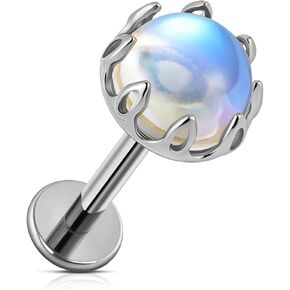 FINE4U 1PC 16G ASTM F136 Titanium Moonstone Cartilage Earring with 6mm 8mm Post for Conch Helix Tragus Flat, Labret