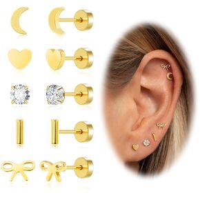 Screw Back Earrings for Women,14K Gold Flat Back Stud Earrings Hypoallergenic Surgical Steel Small CZ Stud Heart Bar Bow Cartilage Earring Set for Tragus Helix Multiple Piercing