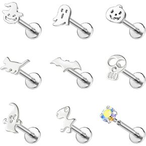 ZS 9Pcs 16G Halloween Lip Labret Studs, Stainless Steel Internally Threaded Jewelry for Conch Medusa Piercing, Black Bat Skull Ghost Forward Helix Tragus Earring for Women Men