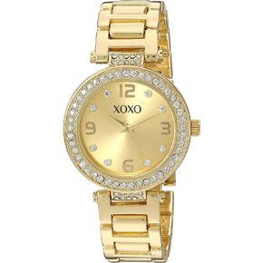 XOXO Women's Gold-Tone Bracelet Watch – Elegant Crystal-Embellished Bezel, Slim 33mm Case, Stylish Gold Dial, Analog Quartz Movement, Durable Metal Band, Fits Wrists 5.5" to 8", Classic Dress Watch for Everyday or Special Occasions