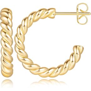 NEARLAND 14K Gold Hoop Earrings for Women Gold Earrings Studs Twisted Rope Round Hoop Stud Earring 16/21/25mm in Kuwait