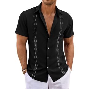 Runcati Mens Short Sleeve Guayabera Shirts Button Down Cuban Casual Mexican Shirts Summer Beach Wedding Linen Tops