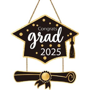 YUNKKIN 2025 Graduation Decorations Congrats Grad Sign 2025 Graduation Sign Graduation Door Decorations Wreath Wooden Door Hanger Wall Decor for Party Indoor Wall Home Decor Black and Gold