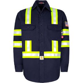 Bocomal Fr قمصان عالية وضوحًا لزر الرؤية أسفل 7.5 أوقية ANSI/ISEA Type O Class1 Flame Resistant HI VIS SANDIC