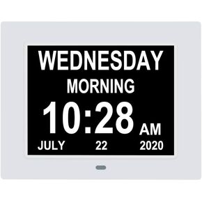 7 Inch Extra Large Non-Abbreviated Day Date & Month Digital Day Calendar Clock with Auto-Dimming 8 Alarm Reminders Dementia Clocks for Senior Elderly impaired Vision