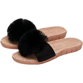 Women's Linen Non-slip Slides Slippers Fluffy Pompom Cozy Sandals Open Toe Indoor Outdoor Flat Slippers 2025