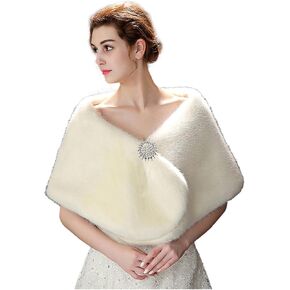 Teyglen Bridal Faux Fur Wrap Shawl Cape for Women Wedding Evening Party White Fur Stole Wrap with Brooch Warm Cover Fur Scarf