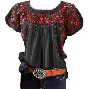 Women's Floral Embroidered Tops Summer Short Sleeve Pleated Peasant Blouses Casual Loose Crew Neck Mexican Shirts