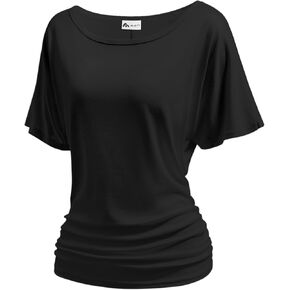 Women's Dolman Top Boat Neck Short Sleeve Solid Tees Casual T Shirt with Side Shirring Detail