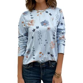 JUSTFASHIONNOW Womens Long Sleeve Tops Casual Shirts for Women Summer Flower Printed T Shirt Crewneck Floral Tee