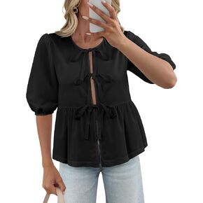 Women's Tie Front Peplum Blouses Puff Short Sleeve Crewneck Shirt Cute Y2K Coquette Babydoll Going Out Tops in Kuwait