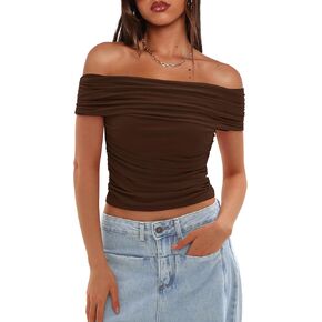 Darong Women Mesh Off The Shoulder Top Short Sleeve Double Lined Ruched Shirts Trendy Going Out Tops Summer Fashion Clothes