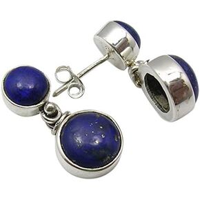 Round Lapis Lazuli 2 Stone Earrings 0.9" 925 Solid Sterling Silver