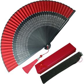 Hand Fans for Women Foldable,Chinese Silk Bamboo Fans Handheld Folding Fan, Decorative Chinese Fans for Keeping Cool (Black Red 8.27in/21cm)