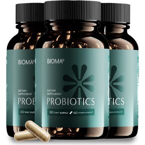 BIOMA Probiotics for Digestive Health, 3 in 1 Gut Health Probiotics and Prebiotics/Postbiotics, Slow Release Synbiotic Probiotic Capsules for Complete Gut Harmony Probiotic Multi Enzyme (180 Caps)