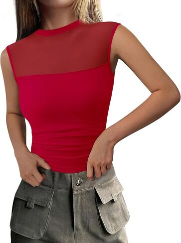 Prettygarden Women's Women Mesh Tank Tops 2025 Summer Strendy Discual Dick Neck Olcyfeless Ruched Slim Fitted Out Out Out in Kuwait